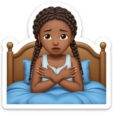 Black woman with braids in a big king size bed on one side by herself crying sticker