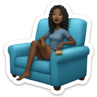 black girl, straight hair, lounging on a comfy blue couch, with her feet up, looking relaxed and happy sticker