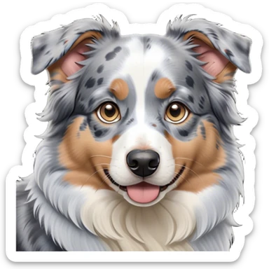 Cinematic Cute Tan Point Blue Merle Australian Shepherd Portrait Emoji, Head tilted playfully and inquisitively, soft blue merle fur accented by vibrant tan points and subtle white markings, round, sparkling blue eyes filled with curiosity, Simplified yet irresistibly adorable features, highly detailed, glowing with a warm, friendly glow, high shine, affectionate and lively, stylized with a touch of whimsy, bright and endearing, soft glowing outline, capturing the essence of a mischievous yet loving pup, so playful it feels like it could bound out of the screen and into your arms! sticker