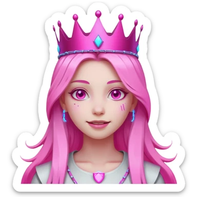 girl neon cyberpunk light pink happy long hair crown white and pink sticker