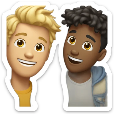 Gay couple, 1 guy Latino black straight hair and 1 Australian guy with blonde slightly curly hair laughing full body and a cat in the middle sticker