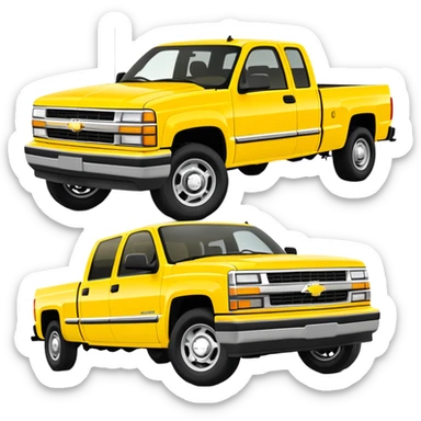 Simplified bright yellow 1997 Chevrolet C-2500 Crew Cab Silverado from Kill Bill, 30-degree angle, four-door pickup truck, minimal details, vibrant yellow color, iOS emoji style sticker