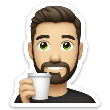 Handsome man with dark hair, holding an cup of coffee, gradient short hair on the side, green eyes. Thin face. Black t-shirt. A little beard. sticker