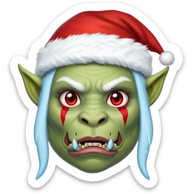 Fantasy orc emoji portrait, Santa Claus hat stretched around tusks, tusks covered with ice and crimson frost cracks, cold predator expression, winter hunt atmosphere, minimal clean emoji design, female variant
 sticker