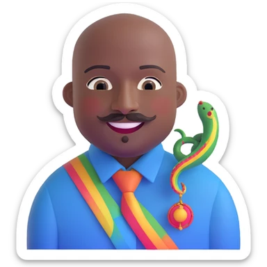 Oxumarê as a very happy and spontaneous smiling 37-year-old bald man with very dark skin, smooth oval head, indigenous facial features, mustache with circular beard only on chin (no hair on sides), a round mole on the right side below the lip, wearing a blue striped dress shirt, and a rainbow serpent, Memoji style sticker
