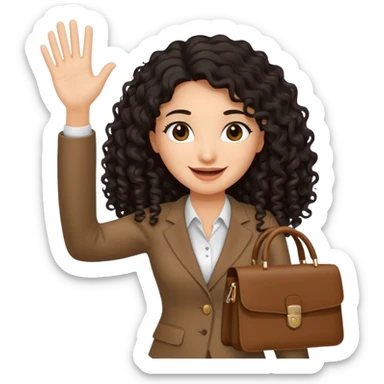 medium deep tan brown business woman with long black curly hair, waving hand with happy face and holding a close laptop and carrying a bag on her dhoulder sticker