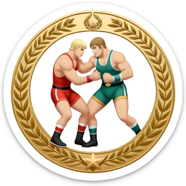 An icon symbolizing wrestling combat sports in the style of an emblem. The design features two wrestlers locked in a powerful grapple, one attempting to take the other down. Surrounding the scene are stylized elements like a championship belt, wrestling mat, and a laurel wreath.  sticker