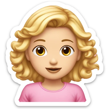 Niña rubia con pelo rizado, coleta arriba rosa, nariz redondita y ojos marrones. Camiseta rosA. sticker