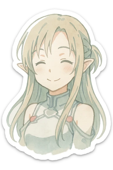 Sticker of Asuna from Sword Art Online in watercolor art style, happy expression, transparent background, inspired by the reference image. sticker