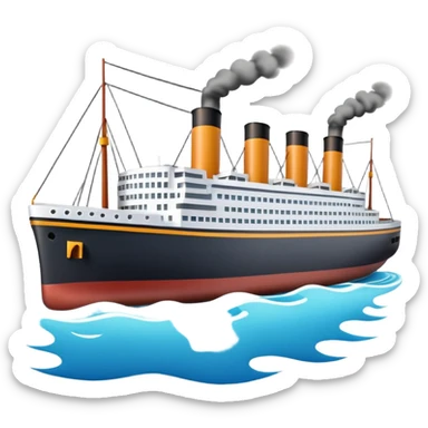 A miniature 3D Titanic ship emoji in Apple style, small and compact with smooth glossy surface, bright clean colors, simplified but recognizable details like smokestacks and windows, no facial features, floating on calm ocean, soft shadows, high-quality render, isolated on white background.



 sticker