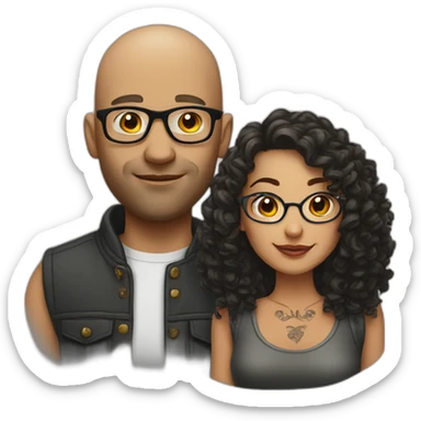 Bald man with tattoos. And Young curly-haired lady wearing glasses sticker