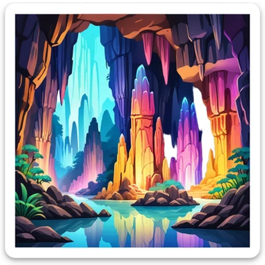 Reed Flute Cave Guilin with colorful lighting, simplified emoji style with bold outlines and bright colors, cartoon style cave with stalagmites sticker