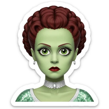 Bride of Frankenstein from Universal Monsters with pale greenish skin, dark auburn hair, white sequin outfit sticker