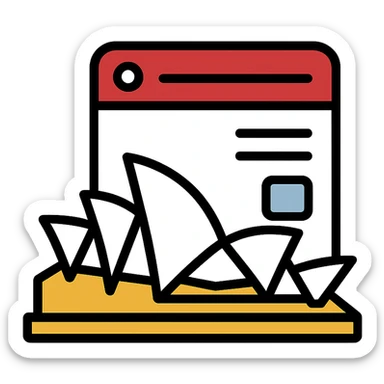 Sydney Opera House with digital page elements, tech-inspired, red and white, Microsoft Power Pages branding icon sticker
