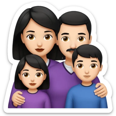 A family consisting of 1 mom with black black wavy hair , 1 girl with black buzz cut hair and 1 girl medium skin tone and black long hair , 1 white man with black hair and short mustache  sticker