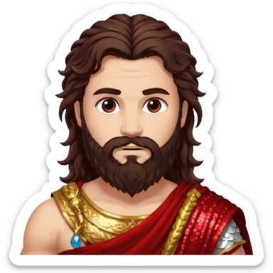 Mars, God of War from Roman Deities with long dark brown wavy hair and beard, deep red sequin toga sticker