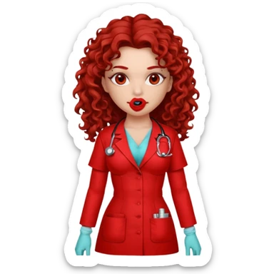 Sensual Spanish Lilith core evil surgeon.red outfit.  Surgeon has red eyes. Her hair is BROWN. Hair is also  long and  curly. wearing a sexy surgeon outfit with platform heels.she is a calculated smart cereal killer. She covers only her mouth and nose to hide identity  sticker
