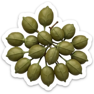 cluster of capers, olive green and brownish hues, slightly wrinkled, some with tiny stems, matte to lightly glossy surface, brine-preserved look, no extras, soft lighting, emoji scale sticker