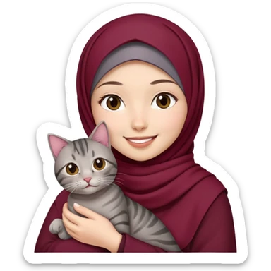 Asian White girl wearing maroon hijab holding a black grey tabby cat while smiling.  sticker