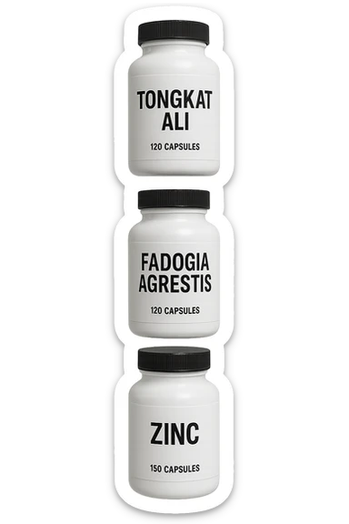 4 boccette di integratore: Tongkat Ali, Fadogia Agrestis, Boron e Zinco fluttuano in aria verticalmente sticker