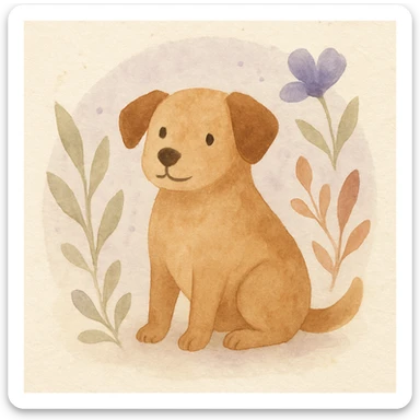 <systemPrompt>
  <style name="Watercolor Botanical Illustration">
    <medium>Watercolor</medium>
    <texture>
      <paper>Soft cotton texture, subtle grain</paper>
      <wash>Transparent color washes with visible layering</wash>
    </texture>
    <palette>
      <primary>Muted earth tones (browns, reds)</primary>
      <accent>Pastel purples and blues</accent>
      <background>Faded lavender wash with scattered dots</background>
    </palette>
    <details>
      <linework>Minimal, soft edges, no outlines</linework>
      <shading>Natural blending, subtle tonal gradients</shading>
      <features>
        <botanical>Organic shapes, abstract leaf and petal structures</botanical>
        <animal>Round forms, friendly expressions, simplified anatomy</animal>
      </features>
    </details>
    <composition>
      <focus>Centered subject</focus>
      <background>Soft circular watercolor wash</background>
      <spacing>Balanced with gentle whitespace</spacing>
    </composition>
    <atmosphere>Whimsical, serene, hand-painted</atmosphere>
  </style>
  <instructions>
    Use this style for all elements in the image. Ensure the soft watercolor texture is preserved across both the subject and background. Emphasize organic, natural forms with minimal sharp detail.
  </instructions>
</systemPrompt>

{subject} = dog sticker