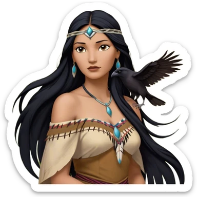 Cinematic Realistic Pocahontas Portrait, depicted with lifelike skin texture, soft natural lighting, and intricately detailed long, flowing raven-black hair that moves gracefully in the wind. Her deep, soulful dark brown eyes exude wisdom and strength, complemented by a serene yet powerful expression. She is dressed in her classic one-shoulder native american dress, with rich fabric textures and delicate beaded details that catch the light beautifully. The portrait features a soft, sun-kissed glow with a natural, radiant finish, capturing the essence of untamed beauty and deep connection to nature in a realistic and painterly style, evoking a sense of depth and authenticity. sticker