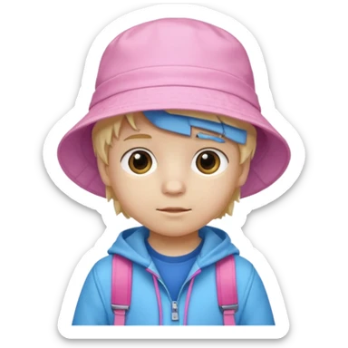 A little boy student white skin, blonde hair, with pink bucket hat, white jacket, blue backpack sticker