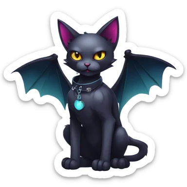  cool edgy kawaii ethereal dark-punk-themed animal vampiric cat-hybrid Fakemon with fangs and bat-wing-ears with a collar full body sticker