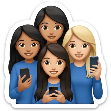 3 brown girl friends with a phone on their hand, one with black long hair, one with brown hair long and the other one with black and blonde hair,  sticker