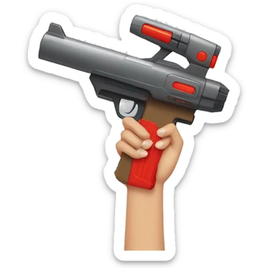 Light brown hand with red nails holding large scary dark nerf gun sticker