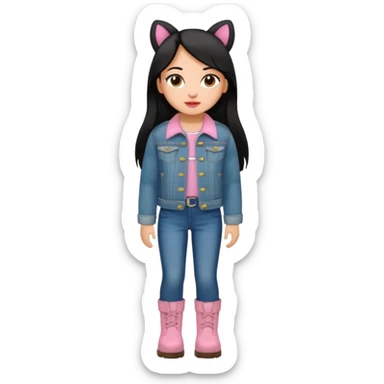 Gordita, ojos pequeños de color cafe oscuro, labios pequeños y rosados, piel trigueña, orejas pequeñas, cabello largo lazio y negro, pequeña. cuerpo completo. vestida con saco de lana jean y botas color café. No le pongas orejas sticker