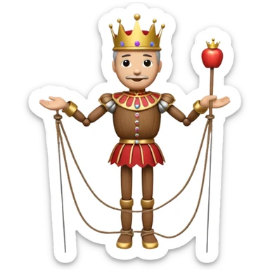 3D render of Puppet King as a wooden marionette puppet, Wooden crown, strings attached to hands, silver metal screw joints at elbows and knees, polished brown wood texture, rigid toy pose, Apple emoji style, isolated on white background --v 6.0. sticker
