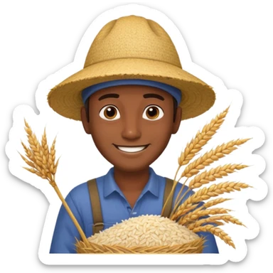 Indian man with asian rice farmer hat harvesting rice sticker