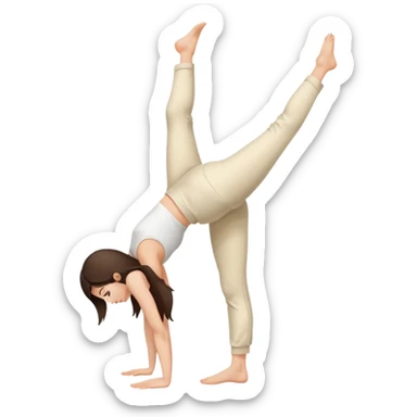 Brunette Girl side view handstand legs together straight legs iin cream pants sticker