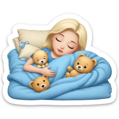 single-girl-in-Warm Cream-cozy-blue-bed-sleeping-pretty-eyelashes-light-skin-with toy sticker