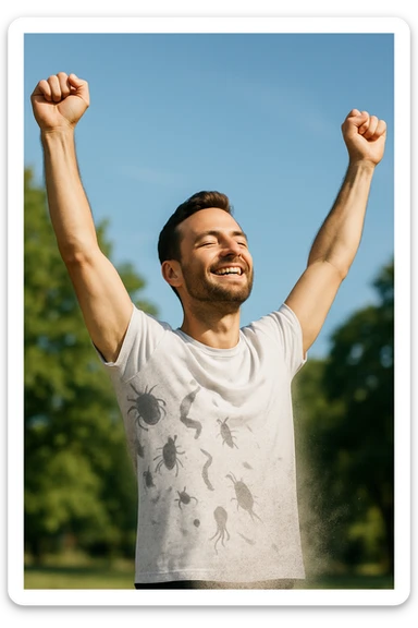 a man stands outdoors in bright sunlight, arms raised in relief and joy, while faint, shadowy silhouettes of parasites fall away from his body and dissolve into the air. His posture is upright and energetic, his expression serene and healthy. The background features green trees and a clear sky, emphasizing liberation and restored well-being. sticker
