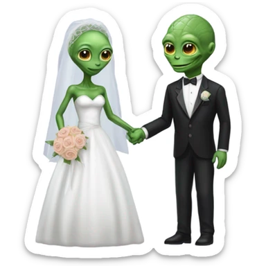 Alien reprilian woman in wedding dress, and one humman man in a tuxedo holding hands getting married sticker