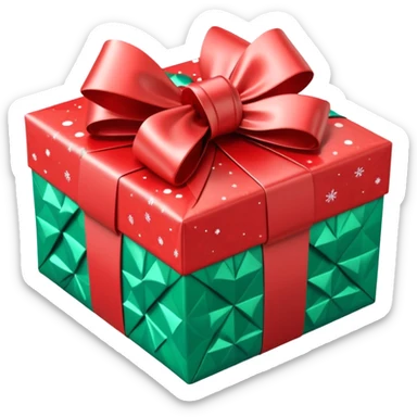 Hyperrealism, 3D rendering, christmas box, wrapped in repeated patterned futuristic wrapping paper, with a big realistic sparkling bow sticker