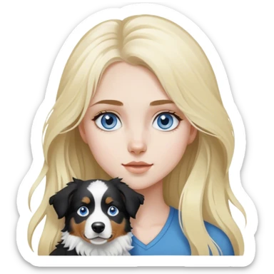 pale girl with blue eyes and long blonde hair and black white Australian shepherd. sticker