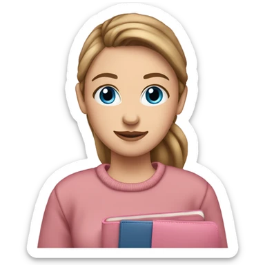 caucasian white IT girl student, holding pink laptop, blue eyes, brown hair ponytail wearing a thick sweater sticker