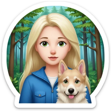 White European young woman with blue-green eyes and long blond hair with her white German Shepherd dog,the Dog hast a pink nose and short fur  and Brown eyes sticker