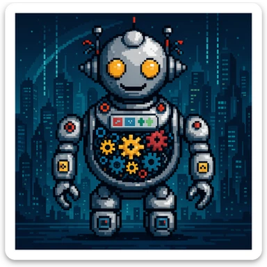 Add a futuristic city background, keep the robot with gears and data streams as the main subject, maintain pixel art style sticker