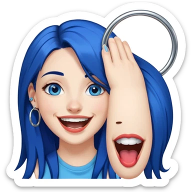 Dark Blue haired blue eyes female long straight hair past shoulders laughing, pierced lip, pierced nose, hoop earrings sticker