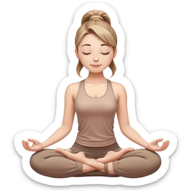 white woman with ponytail hairstyle in lotus position meditation yoga pose, closed eyes with a gentle smile, wearing light brown yoga outfit sticker