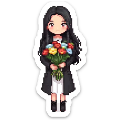 beautiful girl with long black hair wearing a black coat holding a bouquet of flowers sticker
