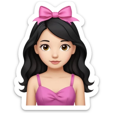 Beautiful girl with black hair in a half-up half-down hairstyle with pink ribbon tying the top half, waves at the ends, brown eyes, light skin, slight smile, and pink dress sticker