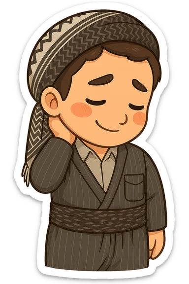 Cartoon sticker of a Kurdish man with the exact same clothes and shawl as the reference images, no changes to clothes or shawl. The face shows a shy expression, one hand behind the neck and head down matching the pose in the reference images. Colorful and cheerful style, no shadows or color halos around the image, no text, suitable for WhatsApp and Instagram, with a fully transparent background. sticker