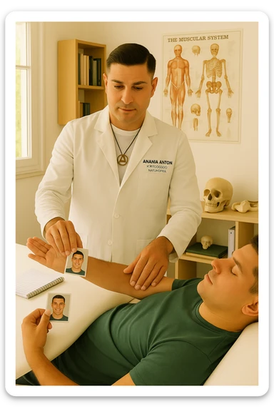 a middle-aged man, dressed in casual professional attire, is in a bright, organized therapy studio. Durante una visita di kinesiologia, il ragazzo tiene con una mano la foto di una persona lontana (il “testimone”) tiene la foto in mano, mentre con l’altra mano esegue un test muscolare su un cliente presente senza foto lui non tiene la foto. Sullo sfondo si vedono libri di kinesiologia, poster anatomici e strumenti tipici della disciplina. L’atmosfera è concentrata e serena, con luce naturale che entra dalla finestra, sottolineando l’aspetto alternativo e umano della pratica. sticker