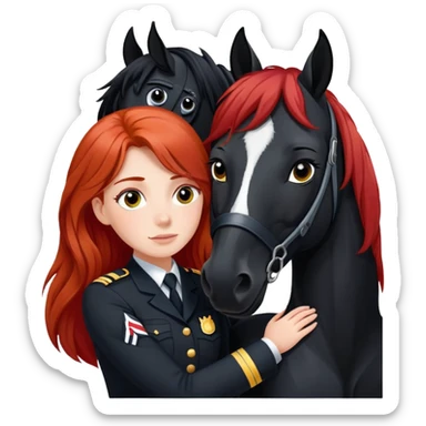 A red-haired girl with long hair and in uniform hugs a black horse with a white stripe on her face and a black mane sticker