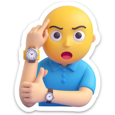 A yellow emoji face with a worried expression, looking at a wristwatch with raised eyebrows, showing urgency and stress sticker